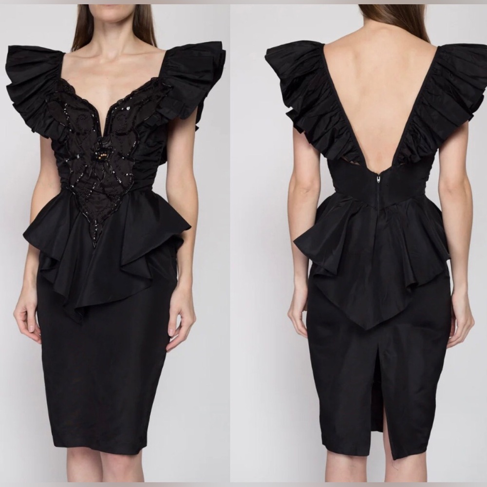 Vintage 80’s Climax Karen Okada Ruffled Peplum Bodice, knee Length Dress.